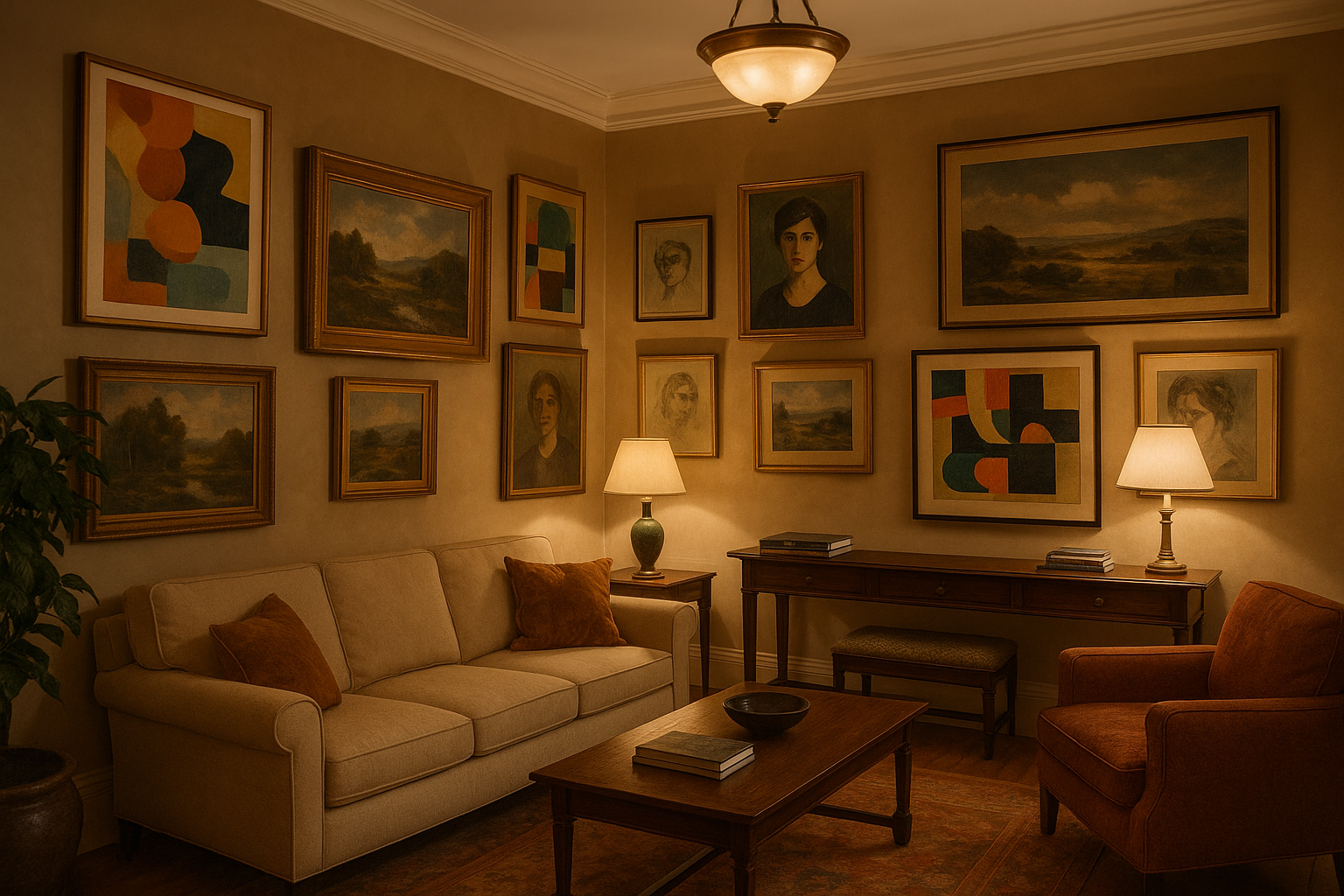 different paintings hanging on a beautiful interior of a house 