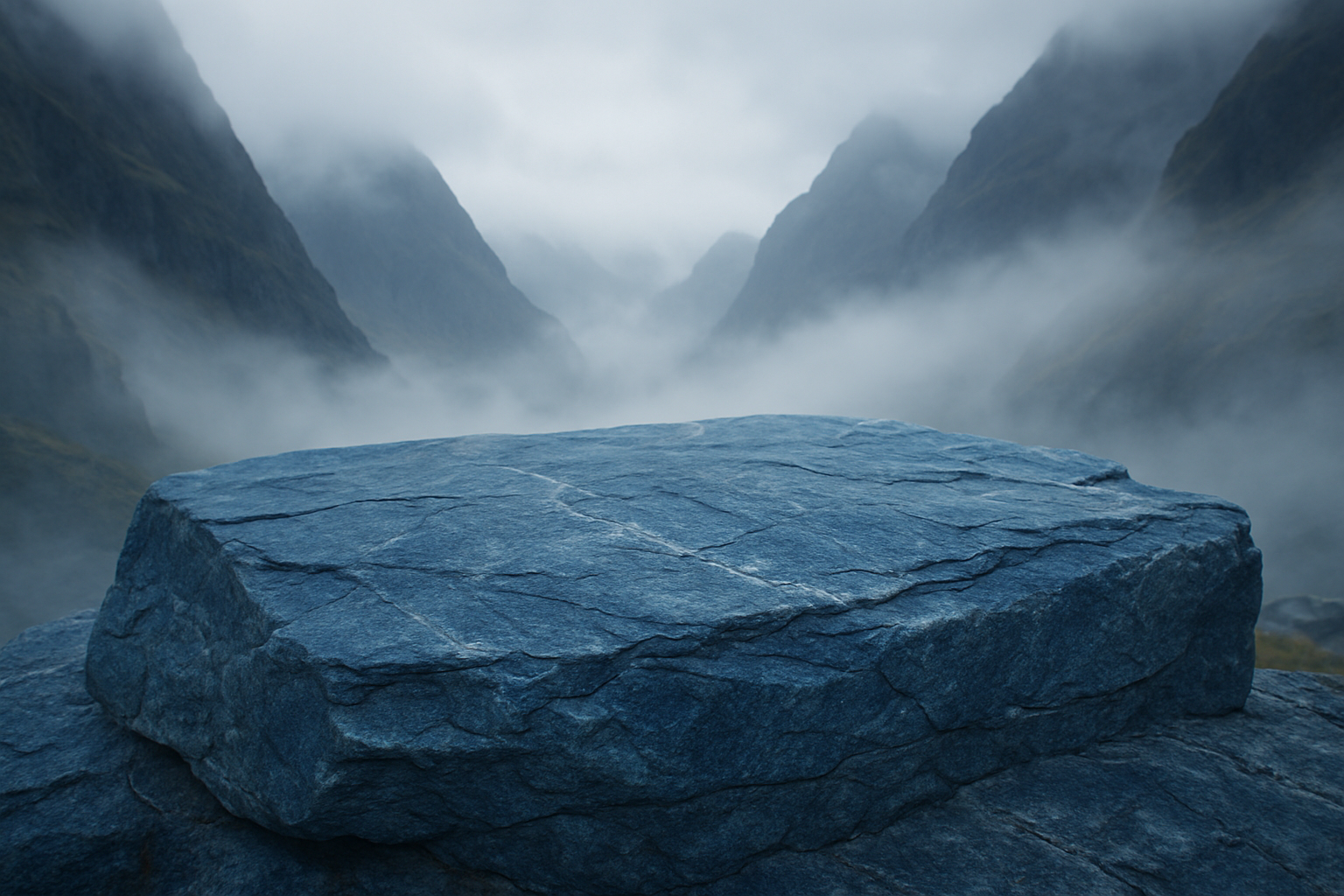 like in between mountains with fog